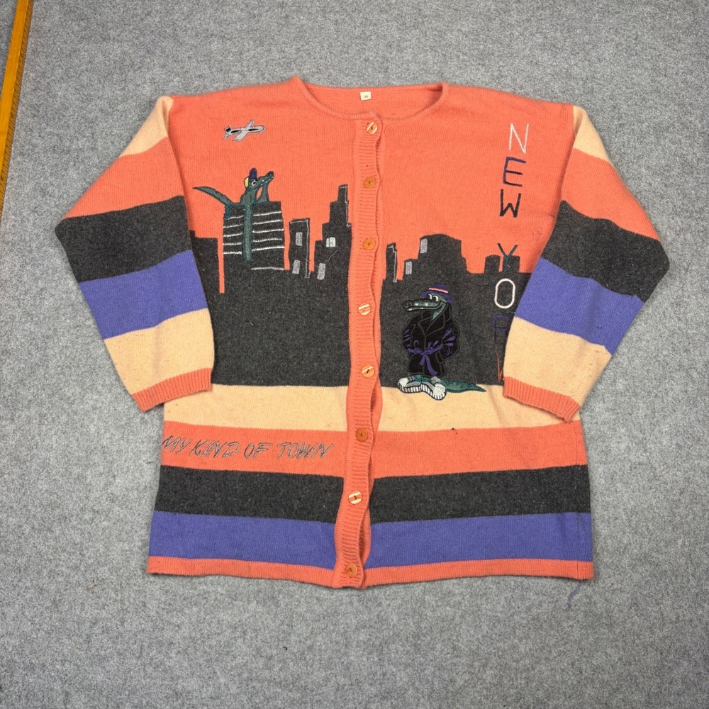 Vintage New York City Alligator Graphic Striped Button Front Cardigan Sweater 38